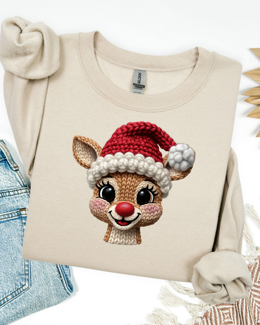 Knitted Style Cute Reindeer Christmas Sweatshirt