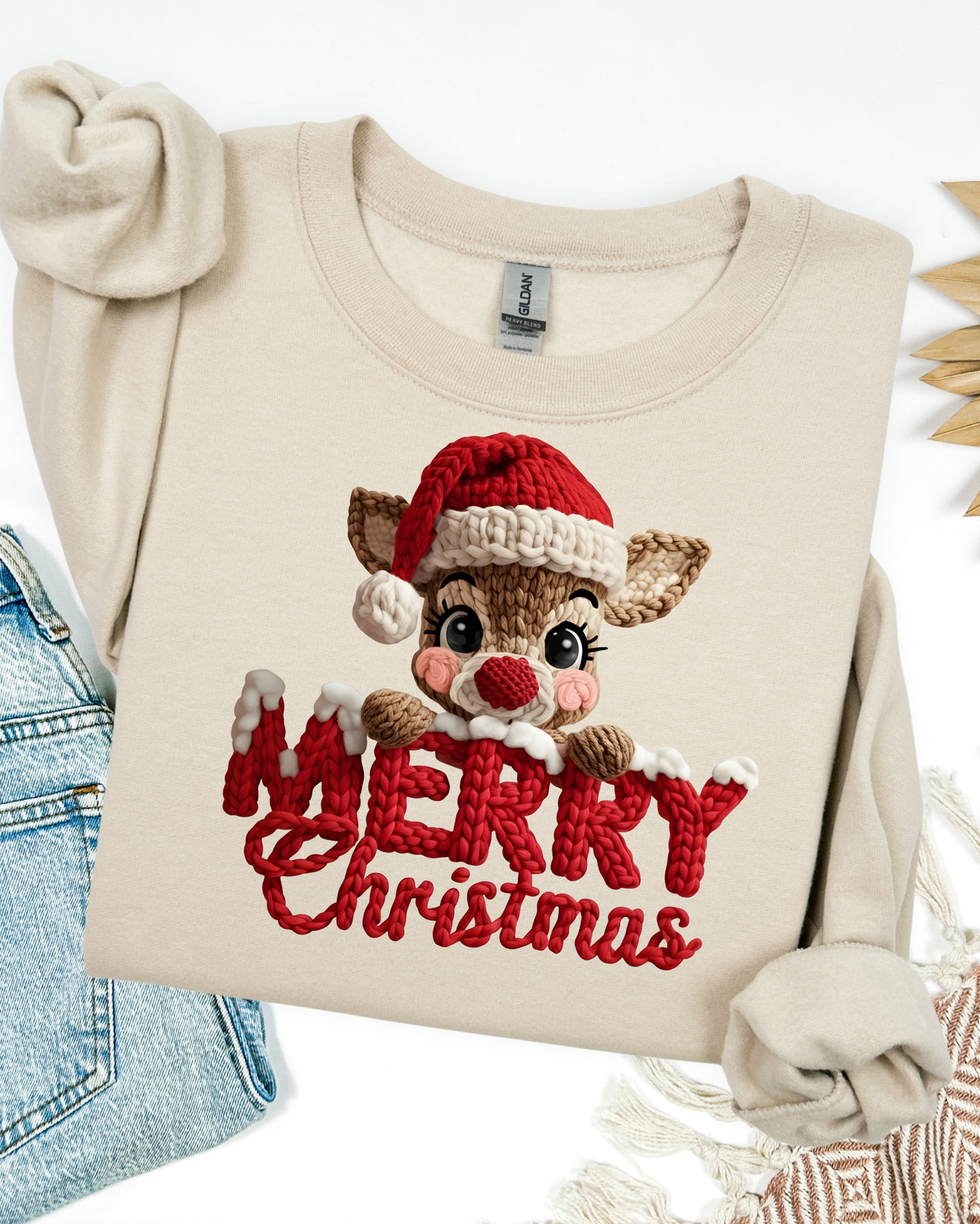 Merry Christmas Reindeer Knitted Look Sweater