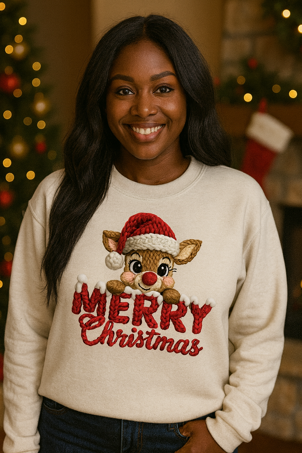 Merry Christmas Reindeer Knitted Look Sweater