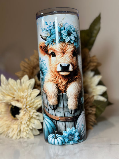 🐮 Highland Cow & Teal Pumpkin Floral Tumbler