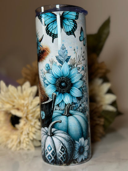 🐮 Highland Cow & Teal Pumpkin Floral Tumbler