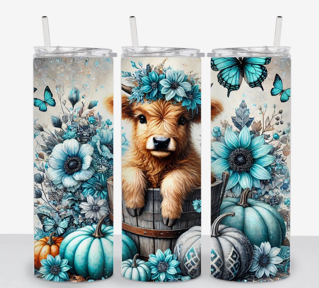 🐮 Highland Cow & Teal Pumpkin Floral Tumbler